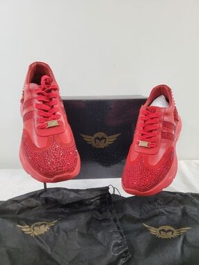 New Men Luxury Diamond Rhinestones Genuine Leather Sneakers Red $320